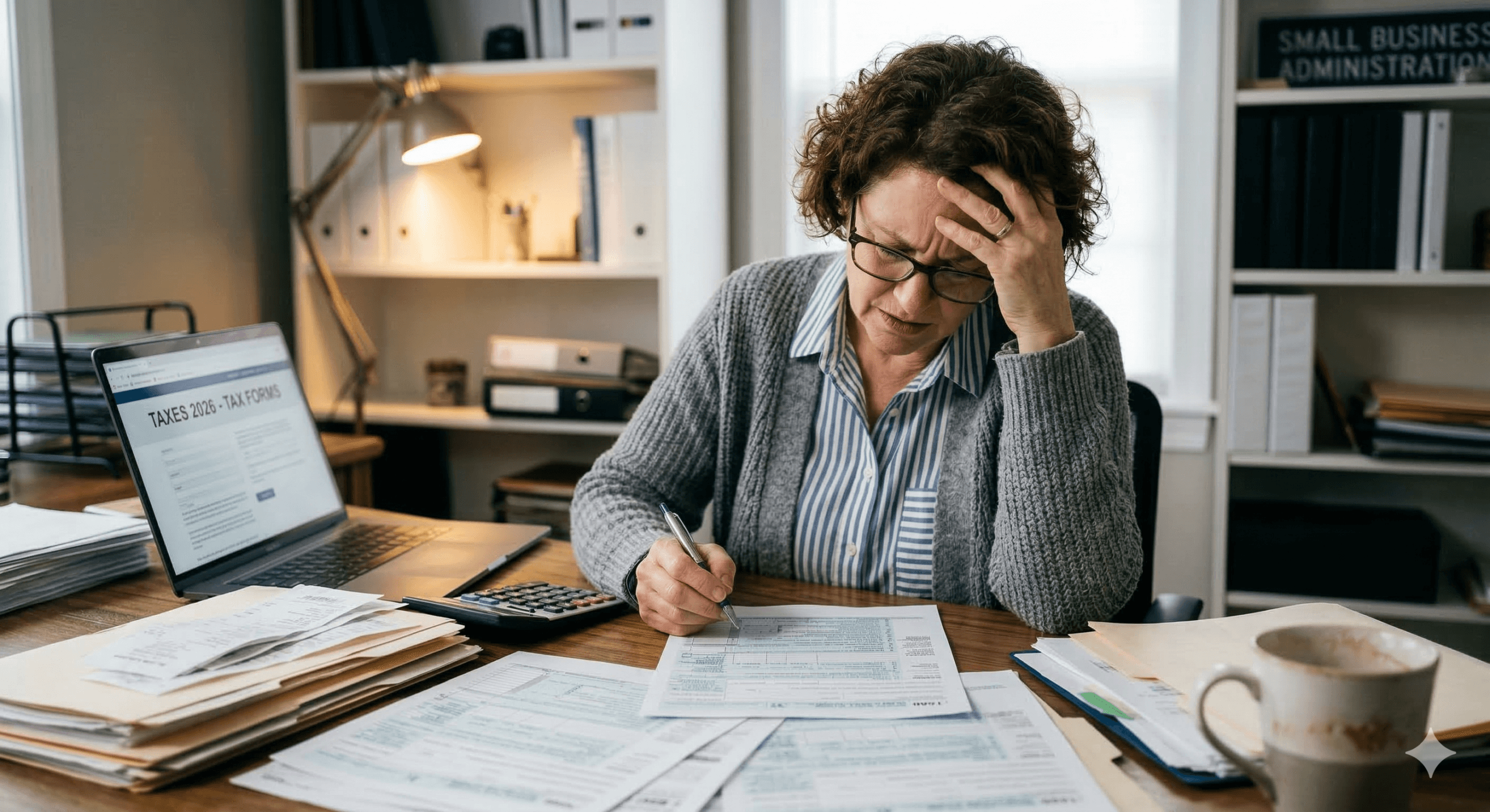 A frustrated woman trying to do her taxes without a tax preparation checklist for small businesses.